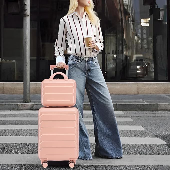 2-Piece ABS Hard Shell Lightweight Carry-On Luggage Set (14" & 20"), 360-Degree Spinner Wheels, Adjustable Telescopic Handle and Combination Lock for Travel, Pink