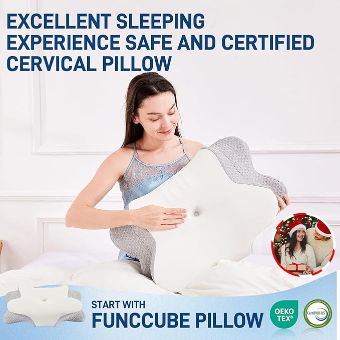 Cervical Neck Pillow - Memory Foam Pillow for Pain Relief Sleeping, Ergonomic Neck Support Contour Pillows for Side Back Stomach Sleepers,Orthopedic Breathable Pillowcase (Grey White)