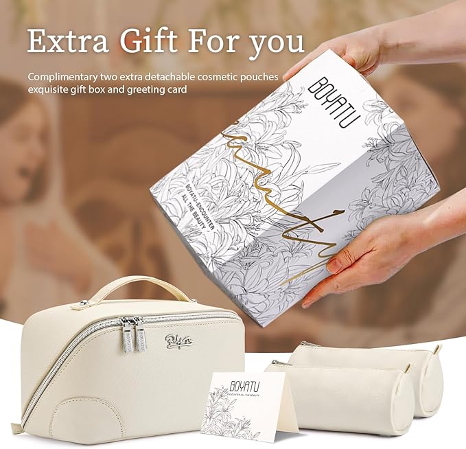 BOYATU Travel Makeup Bag Cosmetic Bags for Women: 3 Pcs Set Large Capacity Make up Bag with Handle - Waterproof Vegan Leather Toiletry Bags Travel Essentials with Compartments(C-3-White)