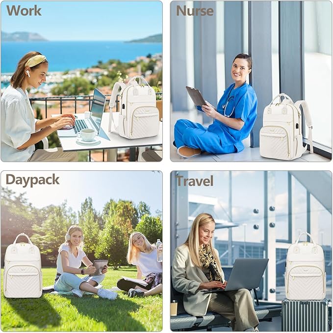 Laptop Backpack for Women Work Bag - 15.6 inch Travel Backpack with USB Charger Business Computer Backpacks for Office College Back pack for Teacher Casual Waterproof Bookbag for Nurses Beige