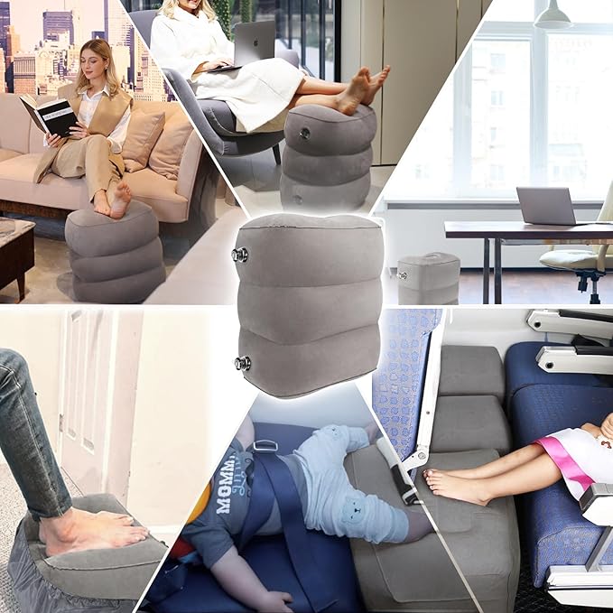 Inflatable Travel Foot Rest Pillow(2-Pack), HOMCA Adjustable Height Leg Pillow Fast Inflating Airplane Bed for Toddlers Footrest Pillow for Office, Airplane, Train, Cars, Home (Grey)