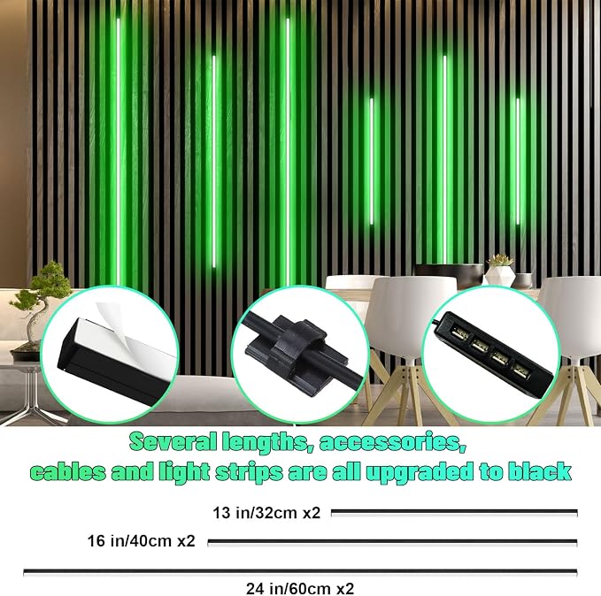 Lichaser RGB Black LED Strip Light for Wood Slat Wall Panel, 6 Pcs WiFi Smart Recessed Lighting for Acoustic Panel Compatible with Alexa, Self-Adhesive Smart LED for Slat Wall (2*24+2*16+2*13 in)