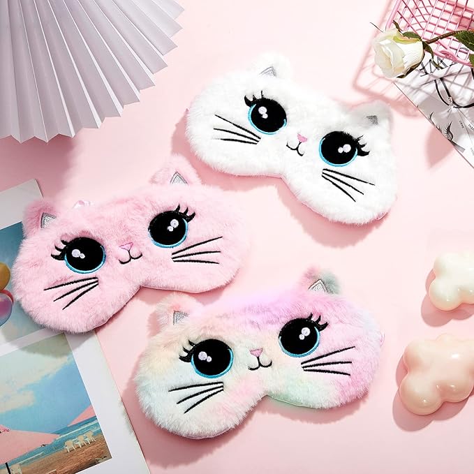 Geyoga Sleep Mask for Kids, Girls Plush Sleeping Eye Cover Soft Eye Blindfold Cover Animal Shade for Kids(Colorful,Cat Style)