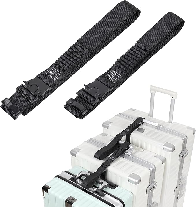 Luggage Straps, Stretchable Luggage Connector Straps for Suitcases, Metal Buckle Add A Bag Adjustable Attachment Accessories Belts (Black-All Metal Buckle, 1.25" W)