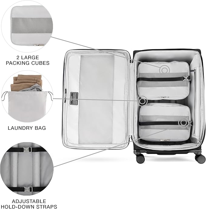 Travelpro VersaPack+ Lightweight Softside Expandable Checked Luggage, 8 Spinner Suitcase, TSA Lock, Men and Women, Checked Large 29-Inch, Black