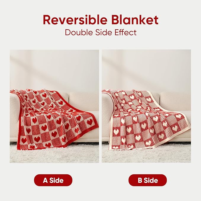 Snuggle Sac Red Heart Checkered Blanket for Women,Valentines Day Heart Blankets for Her Wife Girlfriend Mom,Super Soft Warm Fluffy Faux Fur Blanket for Couch Sofa Bed,Red Heart,50x60 inches