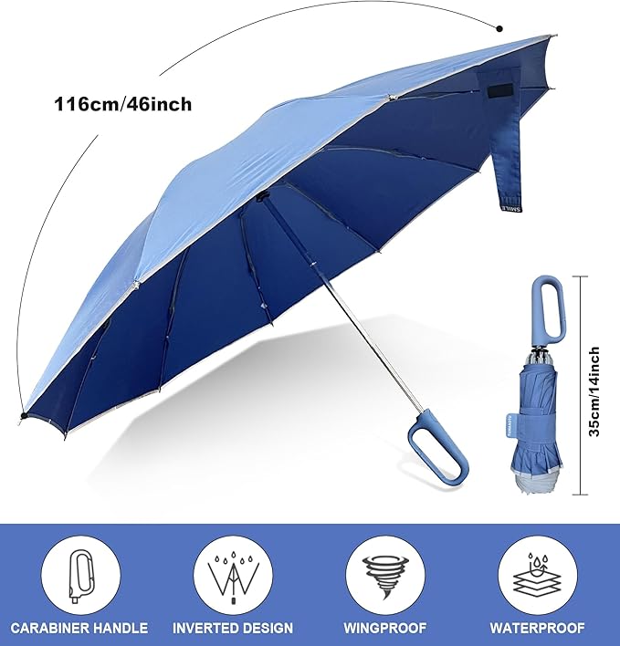 QWB TUMAAOTU Inverted Umbrella with Carabiner Handle, Compact Wind Proof Umbrellas For Rain and Sun Protection, Portable Reverse Folding Umbrella, Car Umbrella for Women Men, 10 Ribs