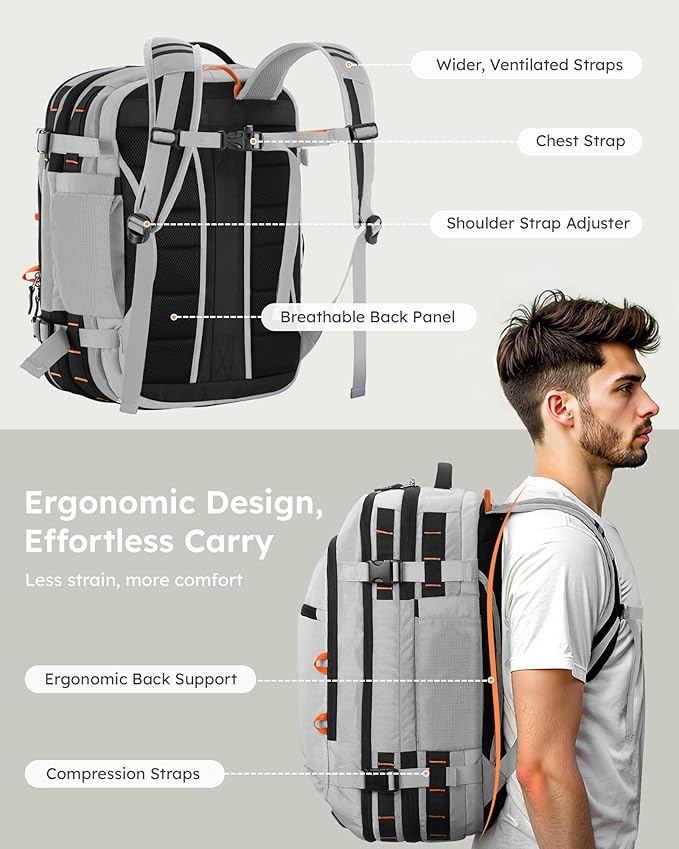 Tolaccea Travel Backpack, TSA Friendly Flight Approved Carry-on Luggage Durable Large Laptop Bag Daypack Fits 15.6 Inch Computer, Water-resistant Business Rucksack, 35-45L Expandable - Grey