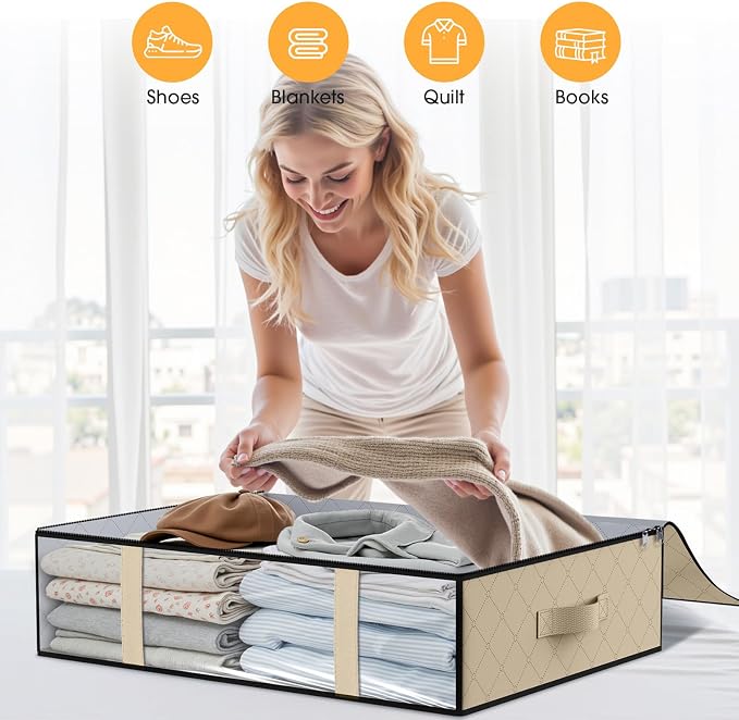 StorageRight Under Bed Storage Bags, 6 Pack, 40L, Beige | Breathable Non-Woven Fabric with a Clear Window and Zippered Top for Clothes, Comforters, Blankets and Seasonal Storage