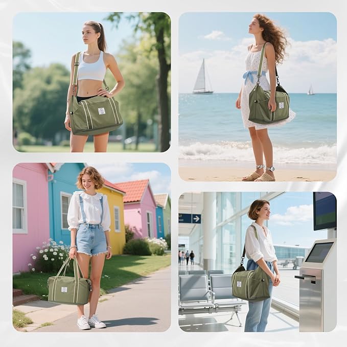 WALNEW Travel Duffel Bag, Weekender Overnight Carry On Bag for Women Men, Foldable Waterproof Gym Luggage Duffle Bag with Metal Buckle Detachable Shoulder Strap and Wet Compartment (Army Green)