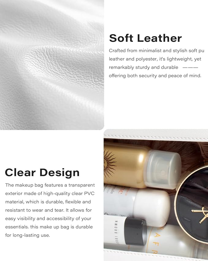 LETGO 2Pack Clear Makeup Bags Set, Small Clear Makeup Bag, PU Leather Travel Makeup Brush Case Portable Transparent Waterproof Cosmetic Organizer Pouch with Zipper for Women(2Pack-White Set)