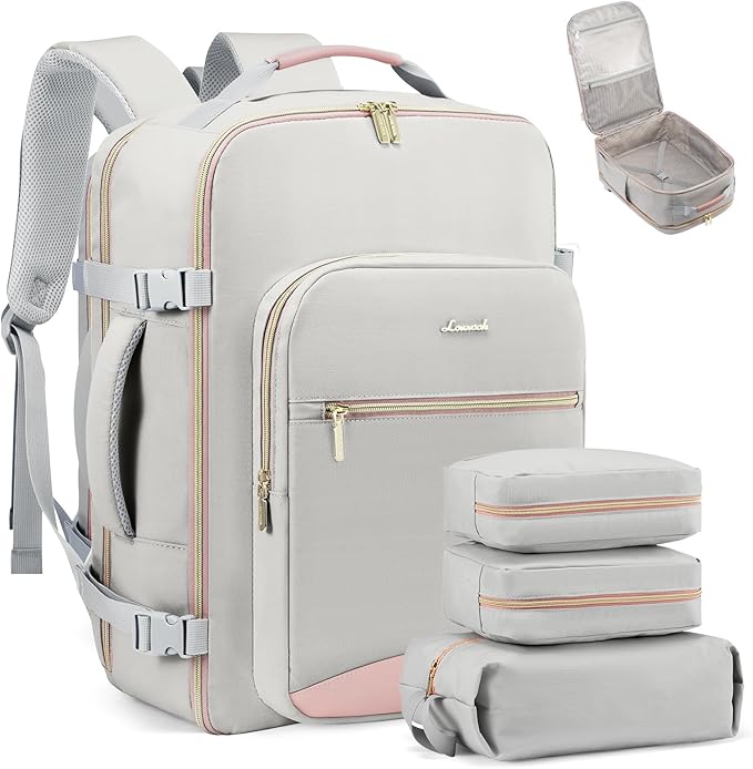 LOVEVOOK Travel Backpack for Women & Men 40L,Airline Approved Carry On Backpack Travel Essentials,TSA Carry on Luggage,Waterproof Personal Item Travel Bag,Suitcase with 3 Packing Cubes,Light gray-Pink