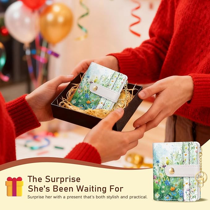Jogjam Floral Green Rfid Ladies Wallet, Small Slim Thin Compact Credit Card Women Wallet, Spring Flowers PU Leather Bifold Cash Zipper Coin Pocket ID Window for Female