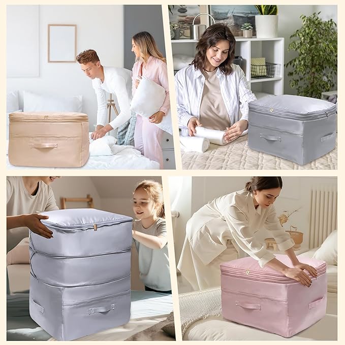 Ultra Space Saving Self Compression Organizers, Double Zipper Compression Packing Cubes for Bedding, Comforter Storage Bag for Blankets Duvet Quilts Pillows Queen King (Beige, X-Large)