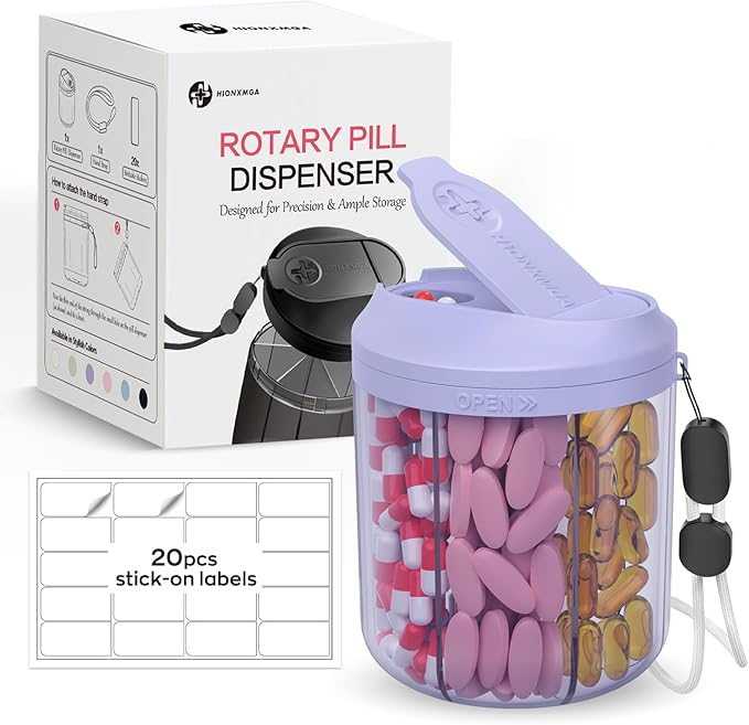 Pill Organizer with 7 Large Compartments, Pill Dispenser for Travel, Supplement Organizer with Anti-Mixing Design, BPA-Free Pill Container with 20 Pcs Labels, Purple