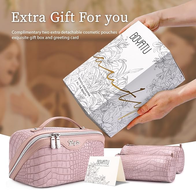 BOYATU Travel Makeup Bag Cosmetic Bags for Women: 3 Pcs Set Large Capacity Make up Bag with Handle - Crocodile Pattern Vegan Leather Toiletry Bags Travel Essentials with Compartments((E-4-Pink)