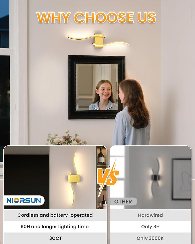 27.6 Inch Battery Operated Wall Sconce Set of 2, Gold Modern Rechargeable Wall Lights with Remote, 3CCT Dimmable Wireless Wall Lamp for Living Room Bedroom Hallway