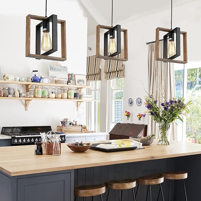 Farmhouse Pendant Light Fixture, Black Pendant Lights for Kitchen Island Industrial Lantern Pendant Light Fixtures with Light Shade, Adjustable Height Hanging Pendant Lighting