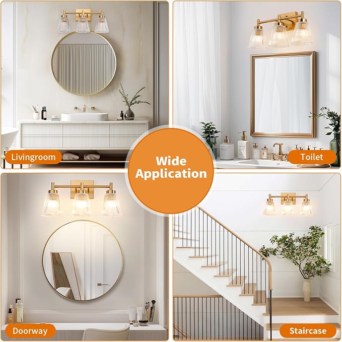 OCIOC 3-Light Bathroom Vanity Light, Modern Gold Wall Light Fixture With Stripe Glass, Farmhouse Bathroom Wall Sconces for Mirror, Kitchen, Bedroom, Living Room, Hallwa