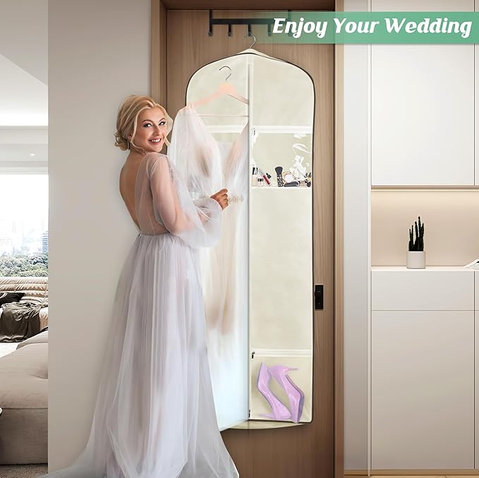 MISSLO Portable Wedding Dress Garment Bag with Bride Tote Bag 8'' Gusseted Dress Bags for Gowns Long 4 Pockets Dress Cover for Women (Beige, 65 inch)