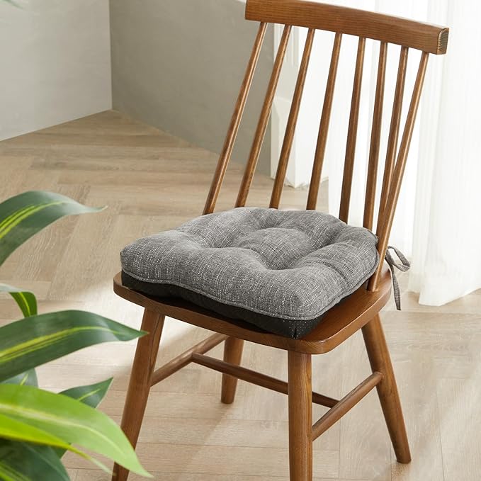 Quilmfoam 16.5"x15.5" Kitchen Chair Cushions Set of 4 for Dining Chair, Soft Tufted Non-Slip Memory Foam Seat Cushion with Ties for Indoor Kitchen Dining Furniture, Dark Grey