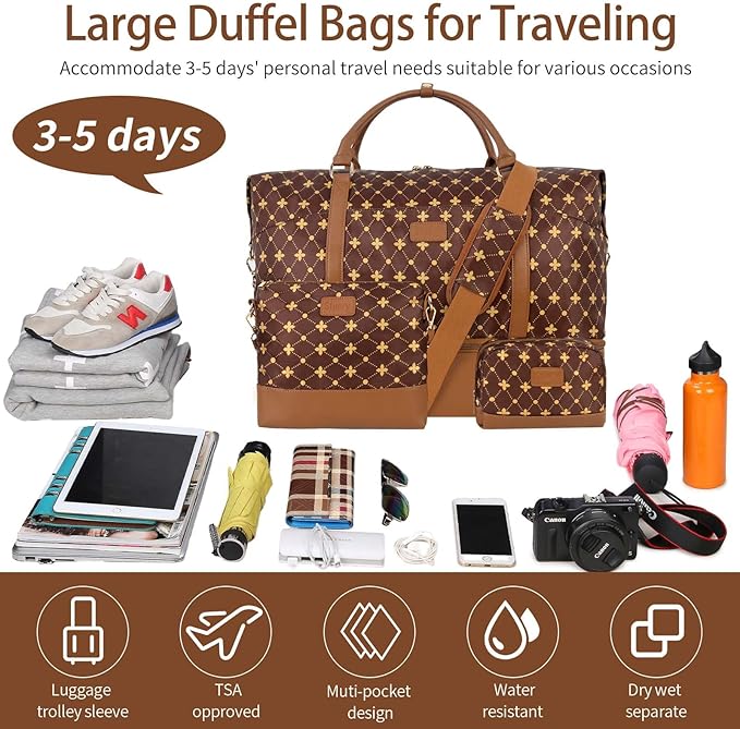 Weekender Bag, Large Travel Duffel Bag for Women, Carry on Overnight Bag with Shoe Compartment and Toiletry Bags