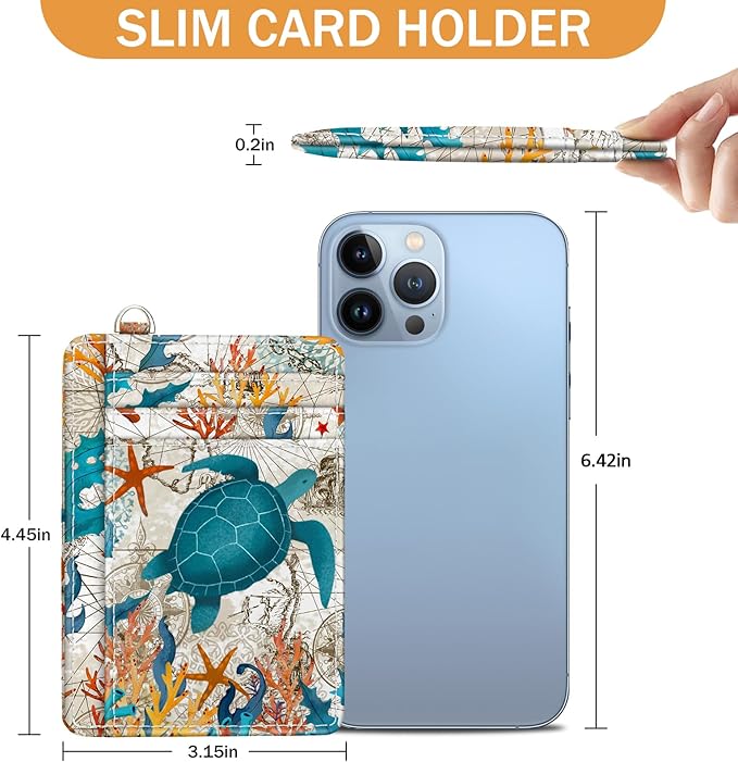 Yonlevres Credit Card Holder Slim Wallet, Sea Turtle RFID Wallet Women Front Pocket Small Card Holder Travel Cute Funny Thin Card Case ID Window PU Leather RFID Blocking Card Organizer Gifts Girls