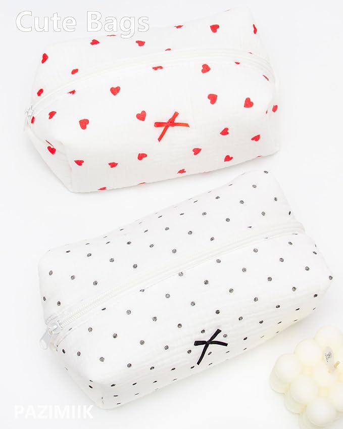 PAZIMIIK Cozy Makeup Bag Small Aesthetic Travel Zipper Cosmetic Pouch for Women Make Up Beauty Accessories Brushes,Heart Red