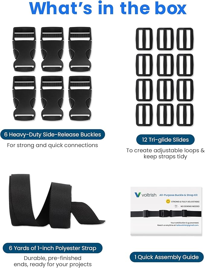 Buckle & Strap Kit - 6 Yards 1 Inch Wide Polyester Webbing Stronger Than Nylon, 6 Plastic Quick Release Buckles & 12 Triglide Clips, Adjustable Extender Straps for Backpack, Dog Collar, Fanny Pack