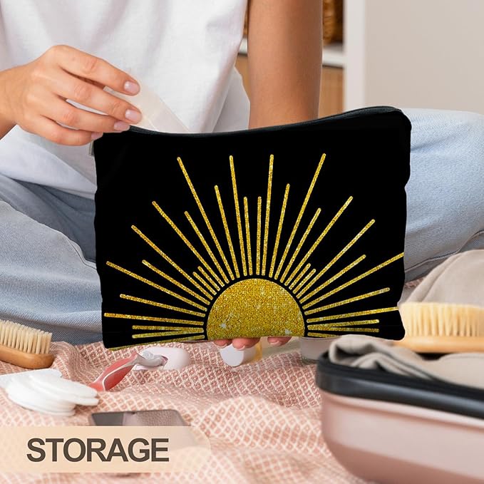 Boho Makeup Bag, Boho Abstract Black and Gold Sun Sunshine Makeup Bags for Women, Boho Gifts for Women, Boho Makeup Pouch Zipper Pouch, Aesthetic Makeup Bag