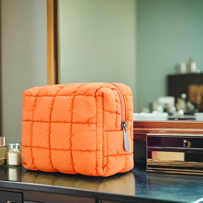 E-Tree Cute Makeup Bag,Quilted Cosmetic Bag,Make up Pouch for Purse,Toiletry Zipper Pouch,Checkered Bag,Travel Case,Storage Pouches for Organization Orange