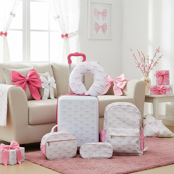 Redbaker 17 Inch 6 Pcs Kids Luggage Set Gifts for Christmas Kids Rolling Luggage Double Pattern Suitcase for Boys Girls (Pink, Bow Style)