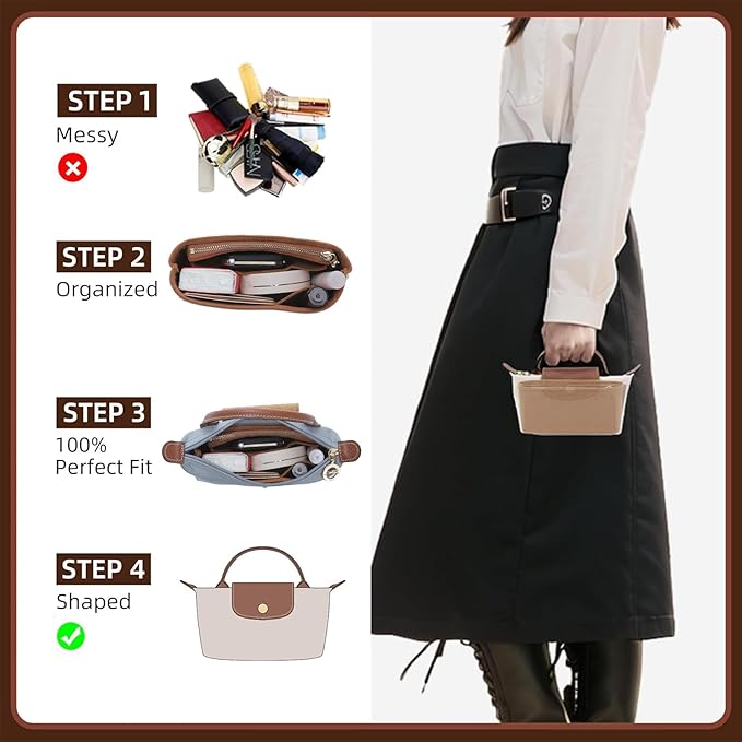 Doxo Longchamp XS Organizer Insert, Suitable for Le pliage XS and More, Keeps Tote Handbags Shaped & Neat (Gold Brown,XS)