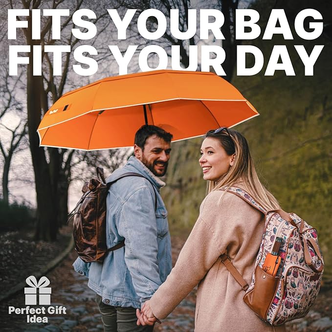 Royal Walk Windproof Folding Travel Umbrella Compact and Strong Luxurious Real Wood Handle Automatic Open Close Vented Double Canopy for Men and Women (Orange)