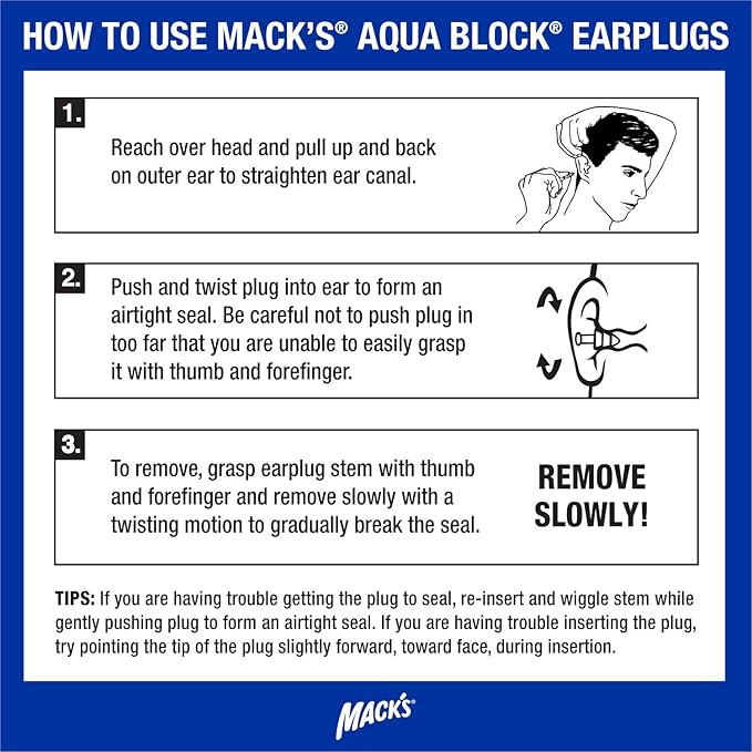 Mack's AquaBlock Swimming Earplugs, 3 Pair | Waterproof, Reusable Silicone Ear Plugs for Swimming | Swim Ear Plugs for Snorkeling, Showering, Surfing, Bathing (Clear)