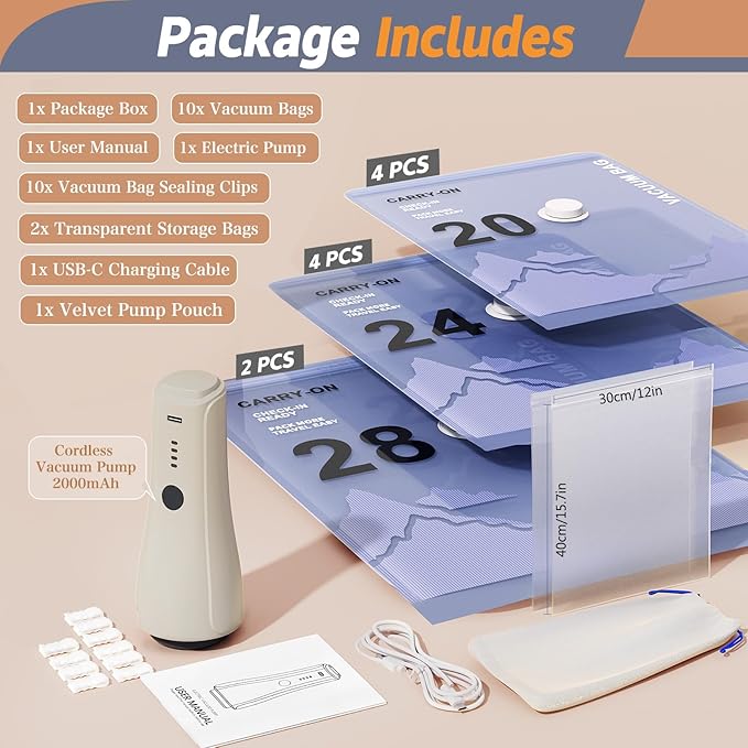 QcoQce Wireless Vacuum Storage Bags with Pump, 12-Pack (2 L/4 M/4 S/2 Bonus),Space Saving Bags for Travel, Moving & Home Organization,Compression Packing Cubes for Suitcase, Closet & Cruise Must Haves
