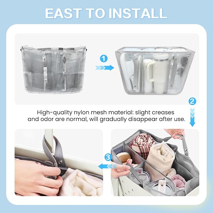 XYFuuee Beach Bag Organizer Inserts for Large Simple Modern Bag Accessories, with 8 Removable Metal Fasteners, Lightweight Mesh Insert Divider Pouch, Organizing Rubber Tote, Save Space, Gray