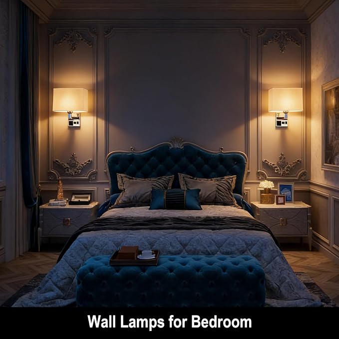 Bedside Wall Mount Light with USB, LED Reading Swing Arm Fabric Shade Wall Sconce, Hardwired Wall Lamp for Bedroom, Living Room Hotel (Chrome)