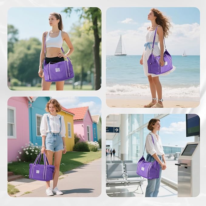WALNEW Travel Duffel Bag, Weekender Overnight Carry On Bag for Women Men, Foldable Waterproof Gym Luggage Duffle Bag with Metal Buckle Detachable Shoulder Strap and Wet Compartment (Purple)