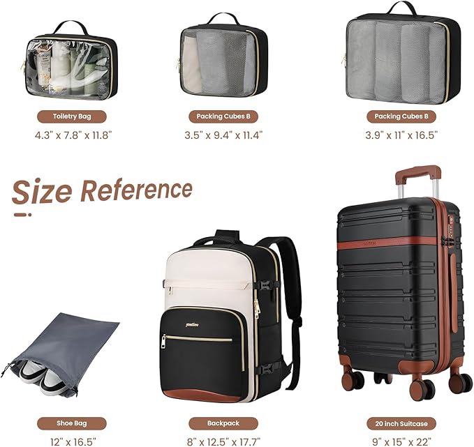 YAMTION Luggage Sets 6 Piece,Hardside 20In Suitcase with Spinner Wheels,TSA Lock,Carry On Suitcase Travel Essentials for Personal Items,Black Beige