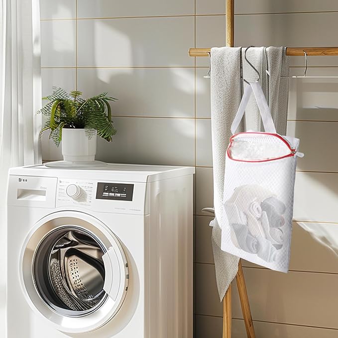3 PACK Hanging Mesh Laundry Bags with S Metal Hooks,10x12 Inch Hanging Socks Laundry Bags, for Washing Machine