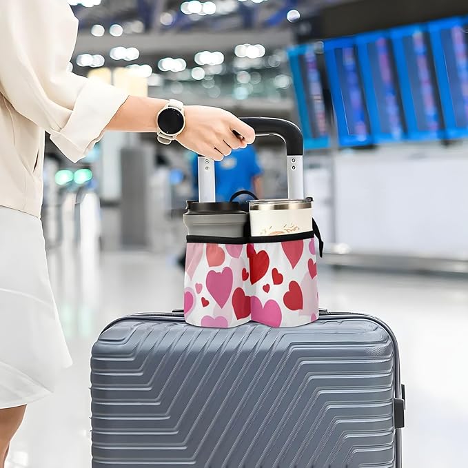 Luggage Cup Holder for Suitcases Free Hands Travel Cup Holder Portable Suitcase Cup Drink Holder Luggage Cup Caddy Bag Carrier White Pink Love Valentine