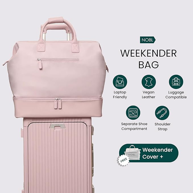 NOBL Travel Weekender Bag for Women & Men, Large Duffel Carry-On Tote with Trolley Sleeve, Separate Shoe Compartment & Laptop Pocket, Leather Overnight Bag for Airplane, Gym, Road Trips - Blush