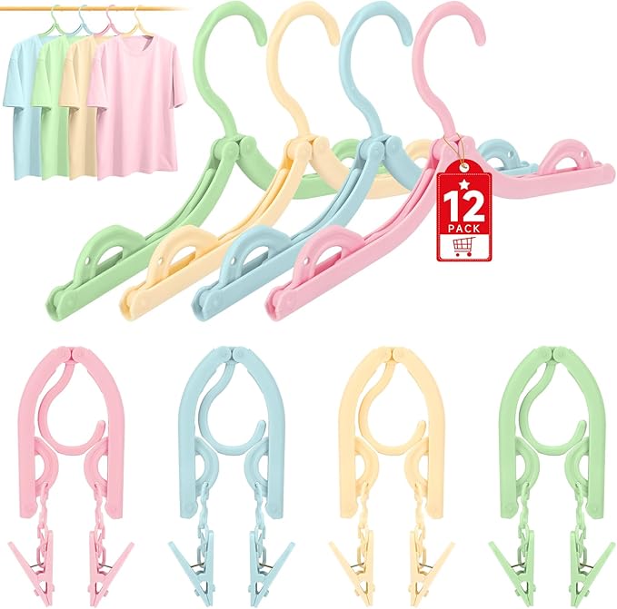 SAN LIKE 12 Pcs Travel Hangers with 24 Pcs Clips Folding Travel Hangers Non Slip Plastic Clothes Hangers Collapsible Portable Coat Hanger Drying Rack for Suitcase Flying Camping Hotel(12 Packs)
