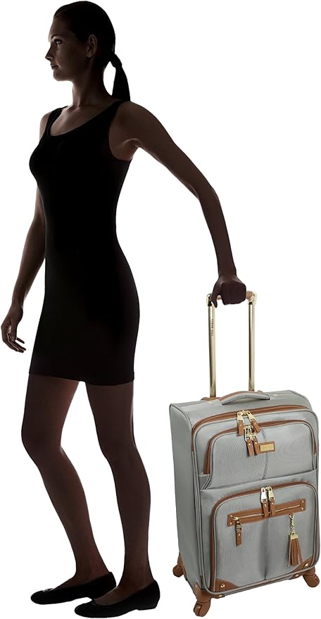 Steve Madden Designer Luggage Collection - Lightweight 24 Inch Expandable Softside Suitcase - Mid-size Rolling 4-Spinner Wheels Checked Bag (Harlo Gray)