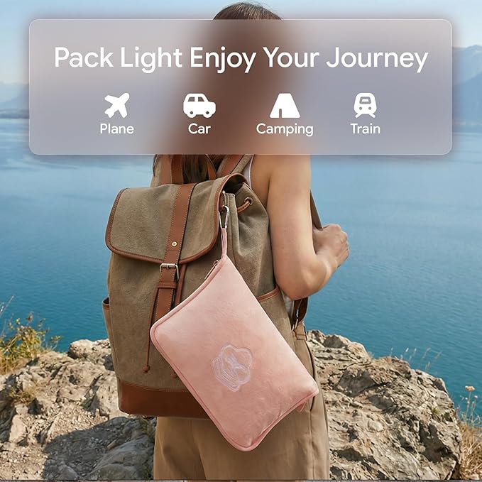 Travel Blanket, Soft 2-in-1 Airplane Blanket, 65x40 Inches, Travel Essentials Car Blanket with Luggage Sleeve & Backpack Clip (Peachy Pink)