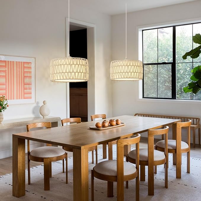 Plug in Pendant Light, Rattan Hanging Lights with Plug in Cord | Woven & Fabric 2 in 1 LampShade, Hanging Lamp Plug in for Bedroom Living Room Kitchen Island-Cream (Bulb Included)