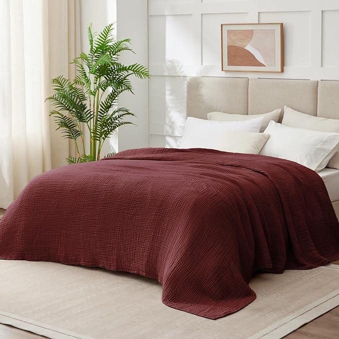 100% Cotton Muslin Blanket Twin 66" x 90", 6 Layers Breathable and Lightweight Cotton Blankets for Couch, Soft Cooling Summer Gauze Blanket for Adults All Season, Burgundy