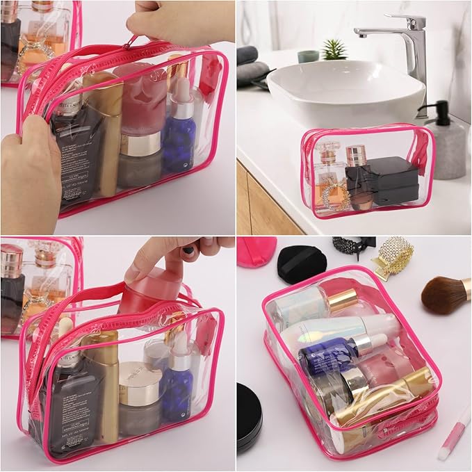 Tbestmax 10 Pcs Clear Cosmetic Bags Small Makeup Bags Portable Waterproof Travel Toiletry Bags Organizer Rose Red, 7.5"x 4.8"x 2.3"
