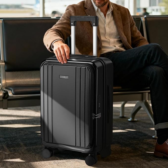 Carry On Luggage Top Opening with Cup Holder & Phone Holder, Expandable PC Hard Shell Suitcase, USB Charging Port, Side Hook, 360° Spinner Wheels, TSA Lock & YKK Zippers for Women Man Gifts